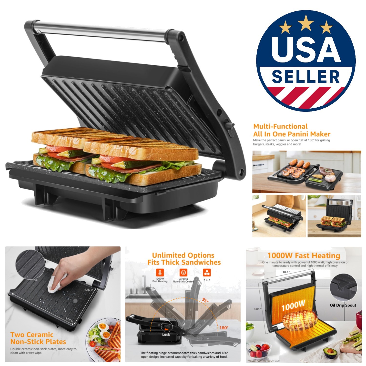Compact 1000W Indoor Grill – Versatile 3-in-1 Panini Press with Non-Stick Plates