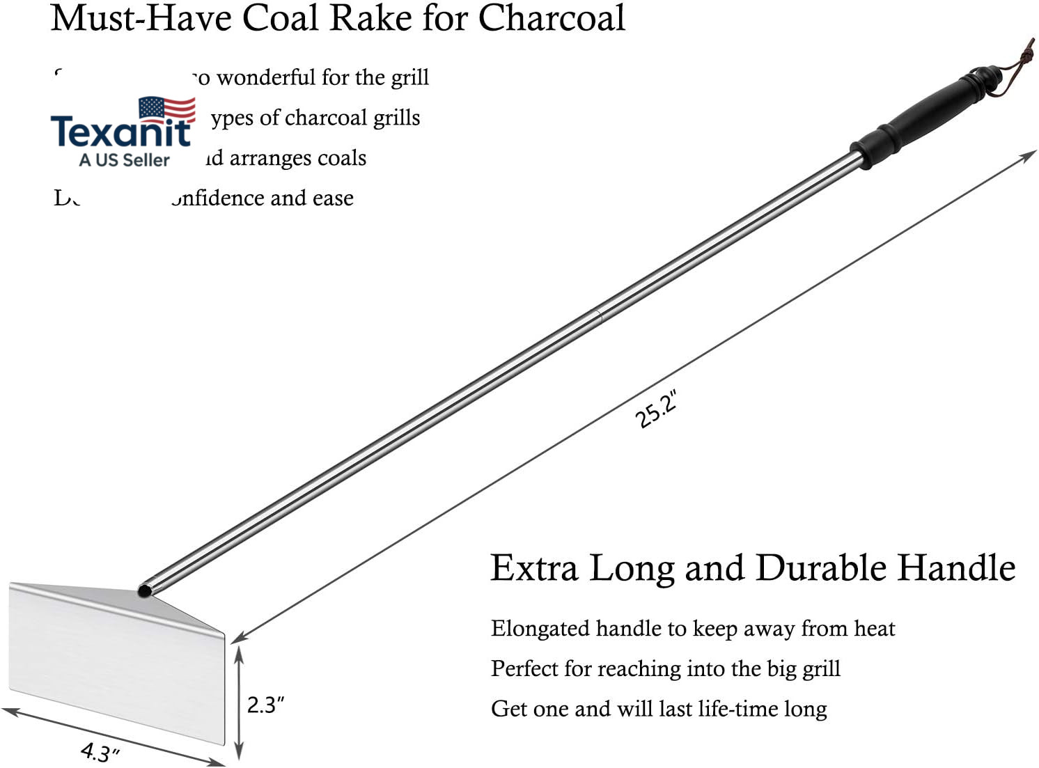 Charcoal Grill Ash Rake Hoe for Fireplace Wood Stove Pizza Oven, Stainless Steel