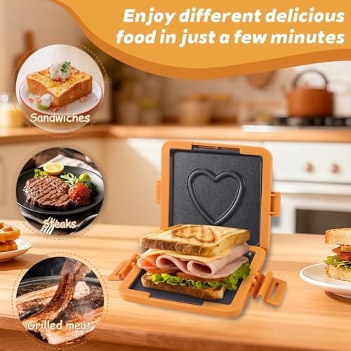 Microwave Toastie Sandwich Maker, Nonstick Plate Panini Maker, Heart Orange