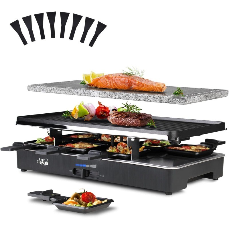 2-in-1 1700W Adjustable Temperature Raclette Grill with Granite Stone