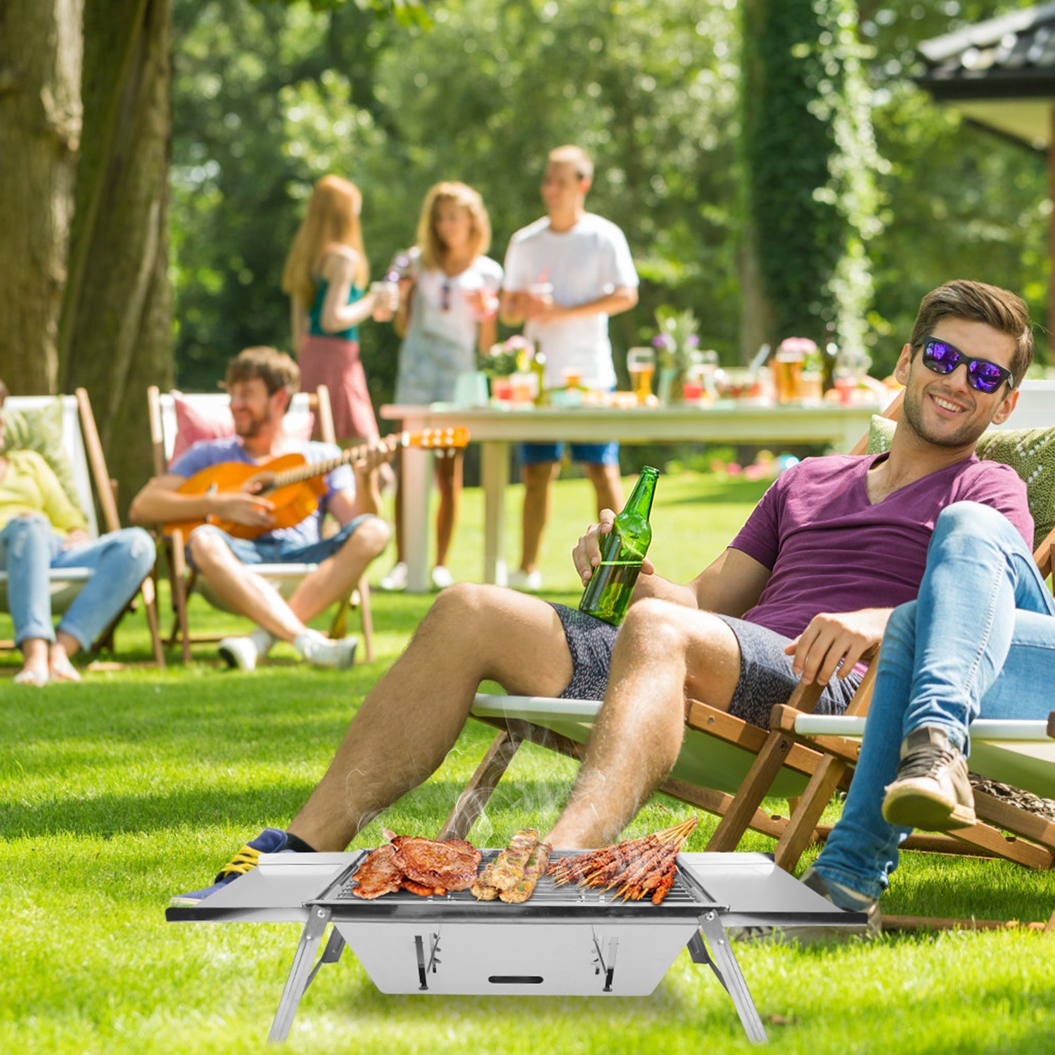 Folding BBQ Outdoor Camping Grill Portable Charcoal Grill Adjustable Fire Grate