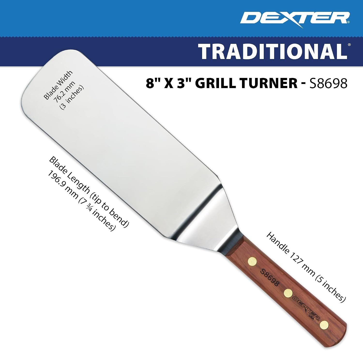 -Russell S8698PCP 19690 Traditional Grill Turner, 8″ X 3″ Stainless Steel Stiff