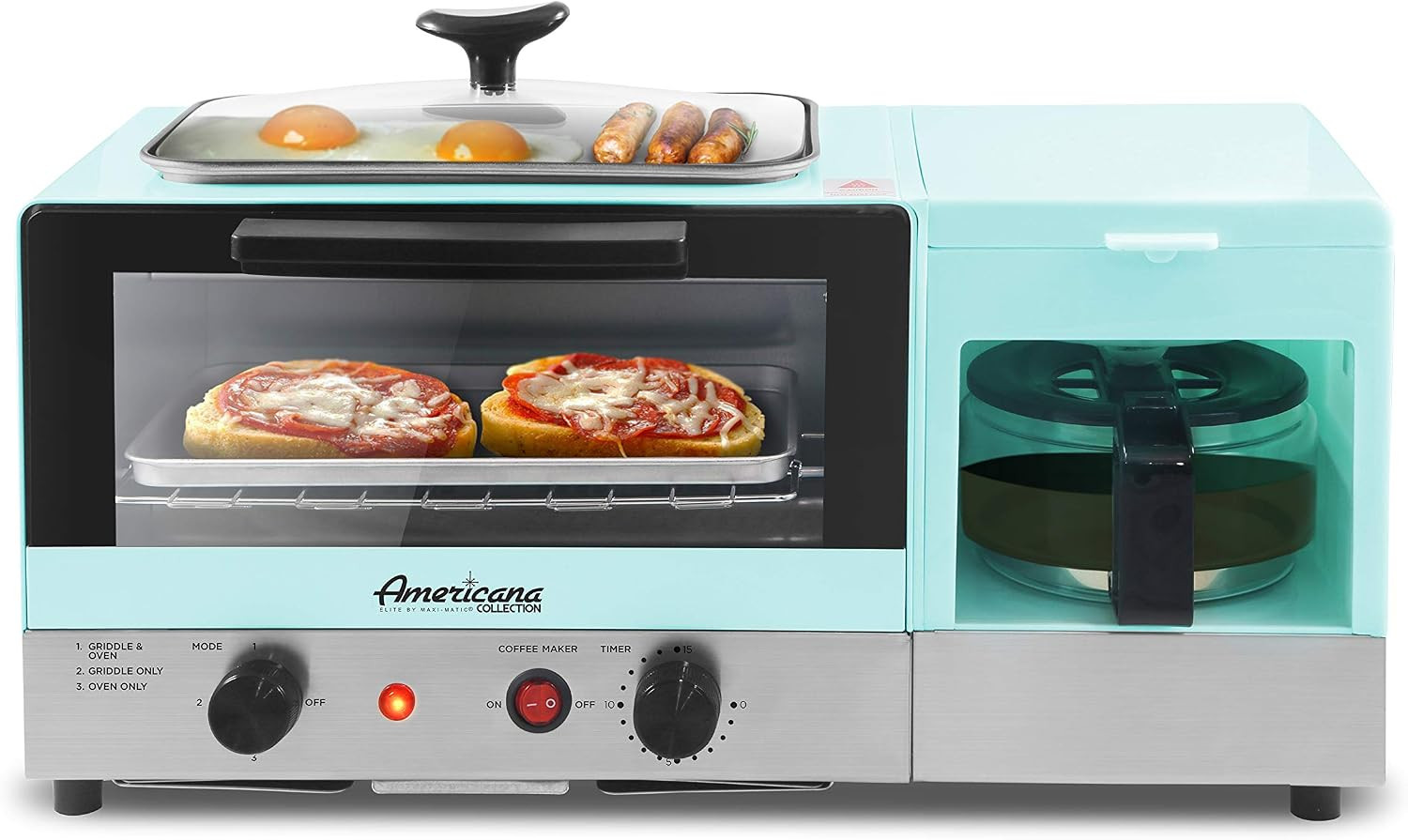 Americana Breakfast Center, Griddle & Toaster Oven, Blue | 2-Slice W/15-Min T…