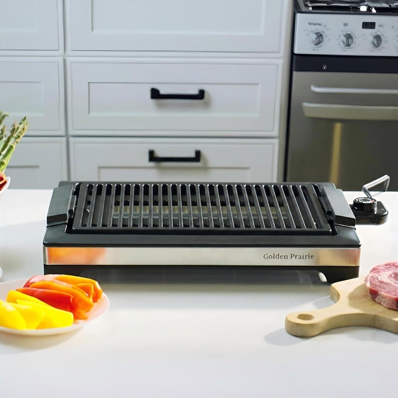 Electric Smokeless, 1600W BBQ Grill Water-Filled Drip Tray, 15-Inch Nonstick