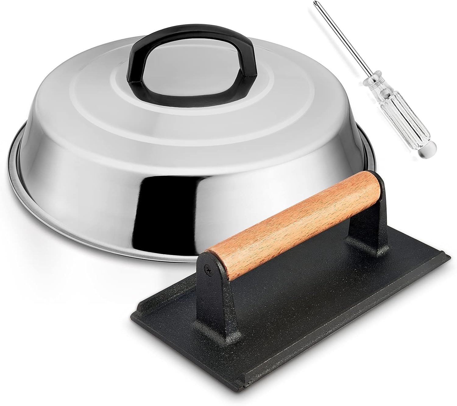 12In Cheese Melting Dome & 8x4In Cast Iron Grill Press Stainless Steel Basting