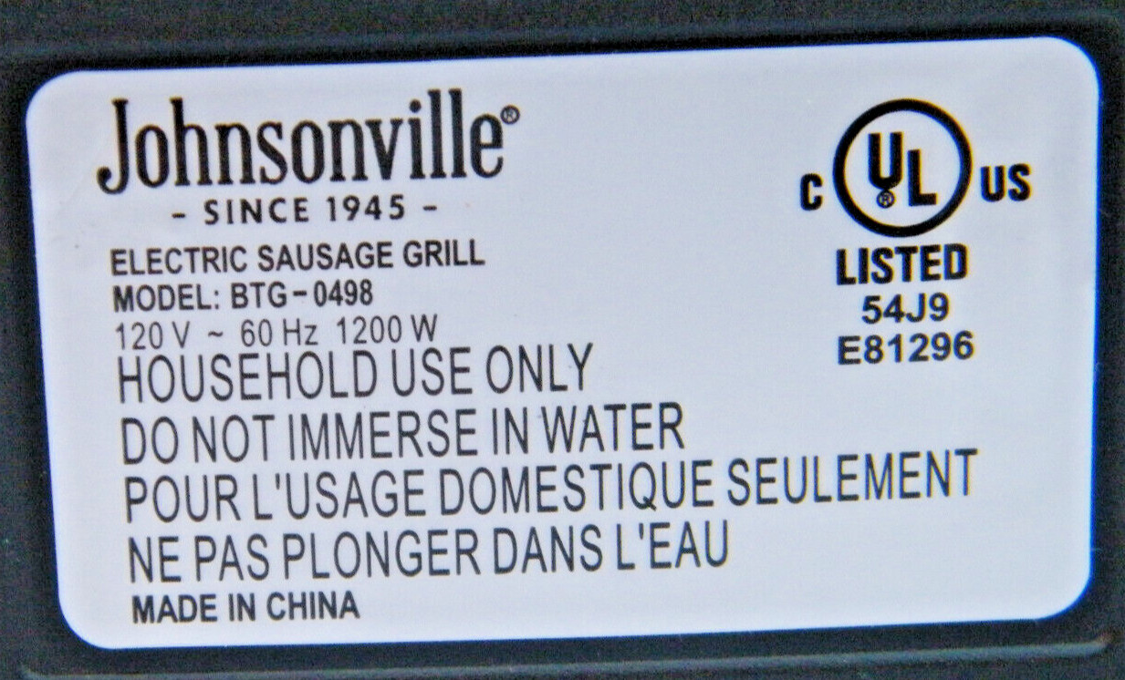 Johnsonville Sizzling Sausage Indoor Electric Grill BTG0498 Tested Works No Tray