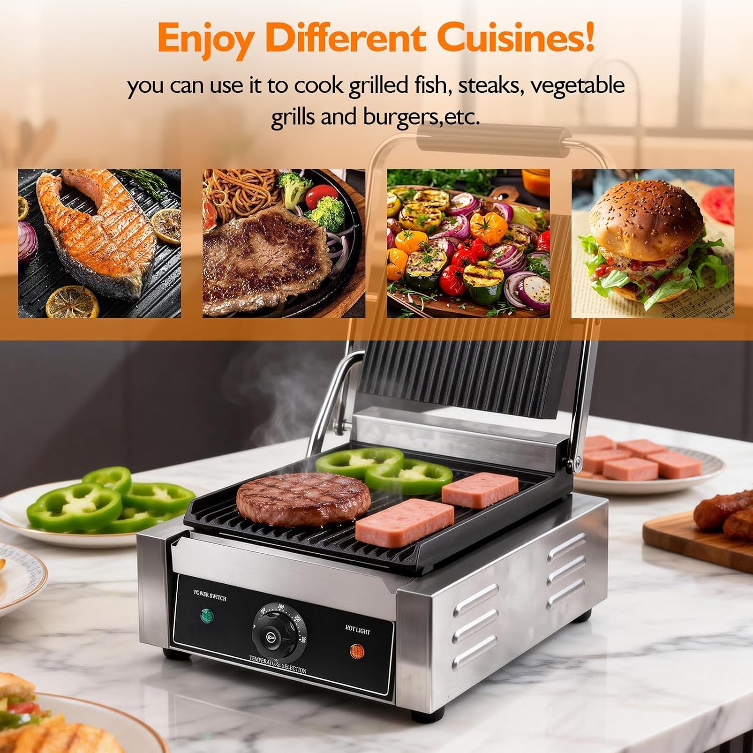 1800W Indoor Electric Grill Double-Sided Griddle 50-300°C Adjustable Temperature