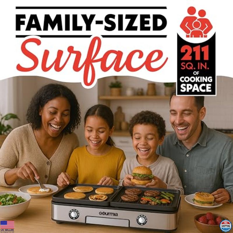 3-in-1 Electric Indoor Grill/Griddle, Dual Cooking Zones, Nonstick Plates