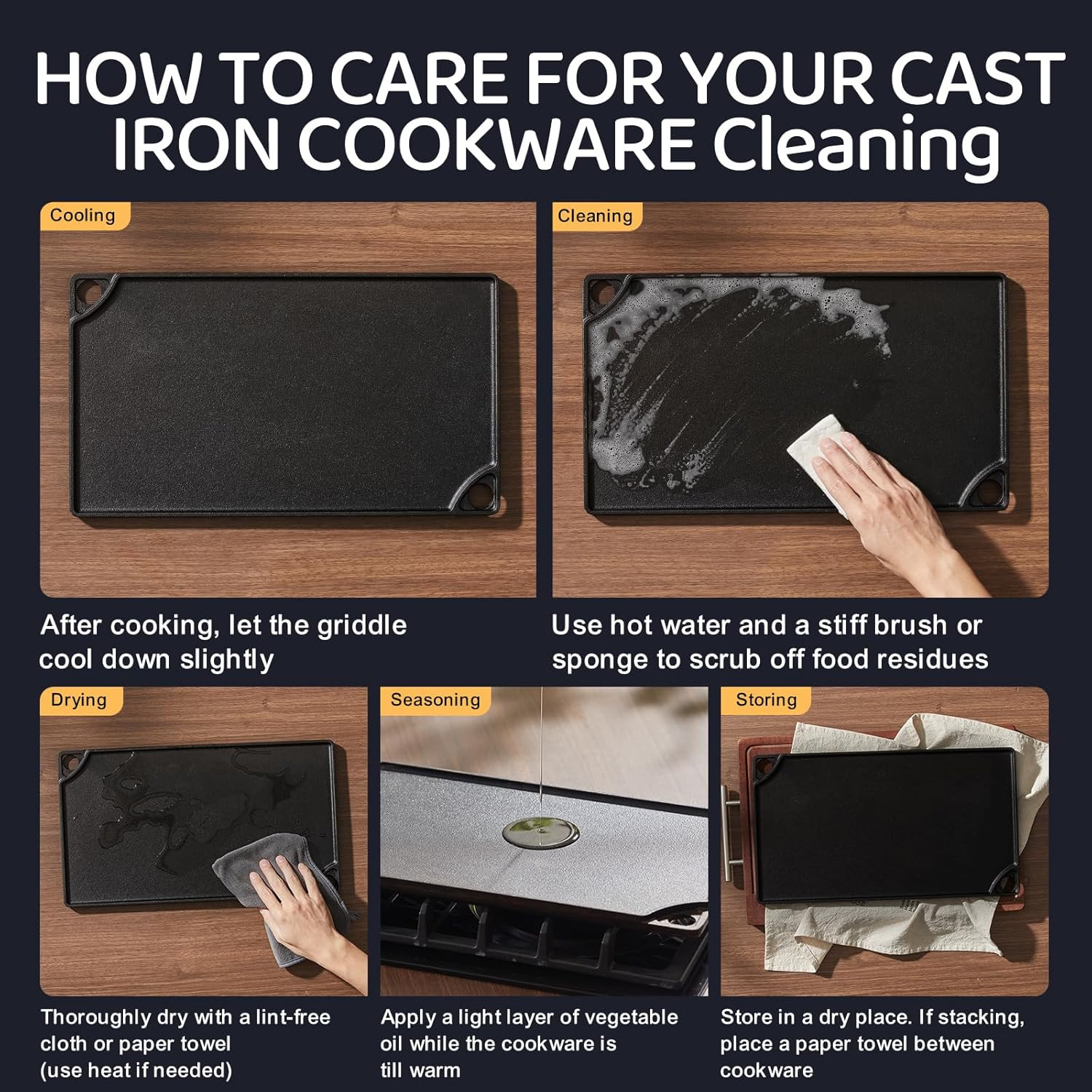 Reversible Cast Iron Grill Griddle 16×10 Inch Double Burner Cookware Flattop Pan