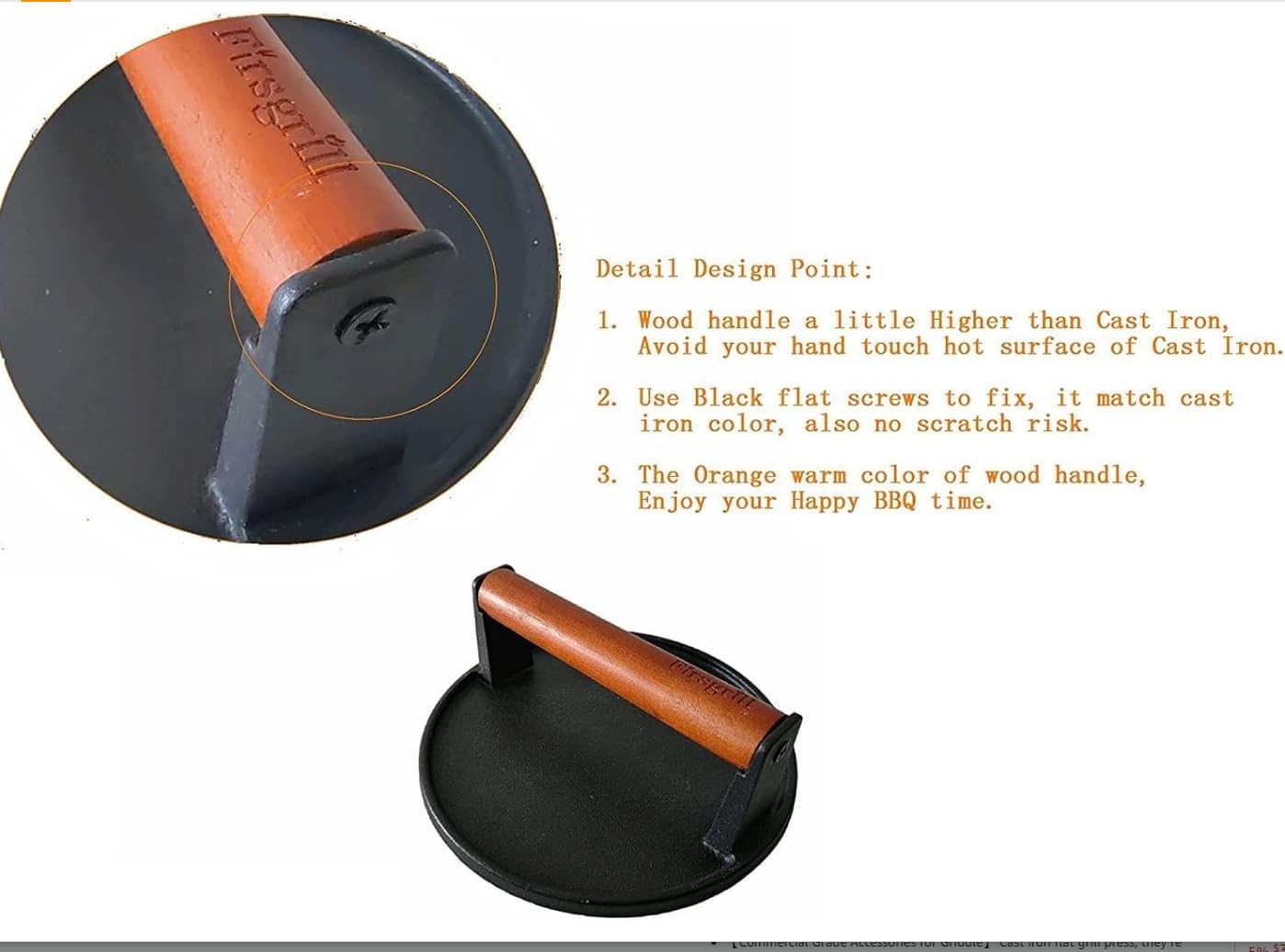 Heavy-Duty Cast Iron Grill Press with Wood Handle for BBQ, Griddle & Panini