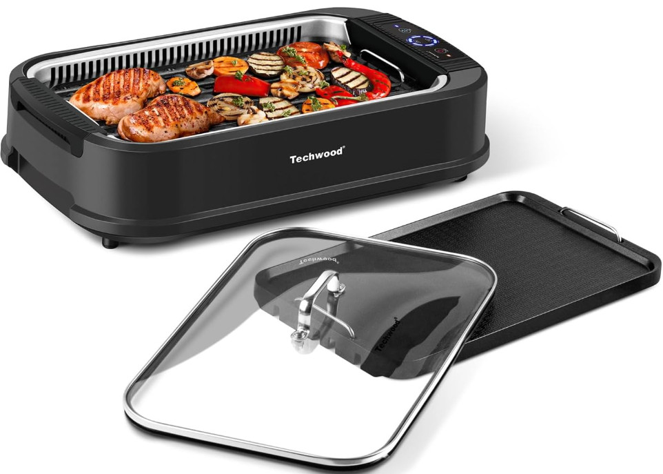 Parrilla Eléctrica Antihumo 1500W con Tapa de Cristal y Placa Antiadherente