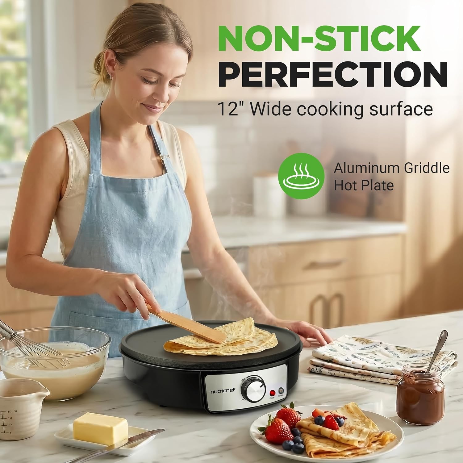 Electric Crepe Maker Griddle Cooktop Nonstick 12 Inch Aluminum Hot Plate LED