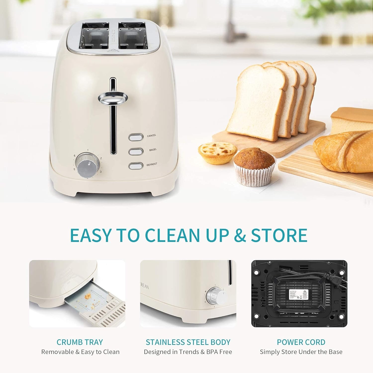 Ultrean Toaster 2 Slice with Extra-Wide Slot for Toasting Bagels, Cream