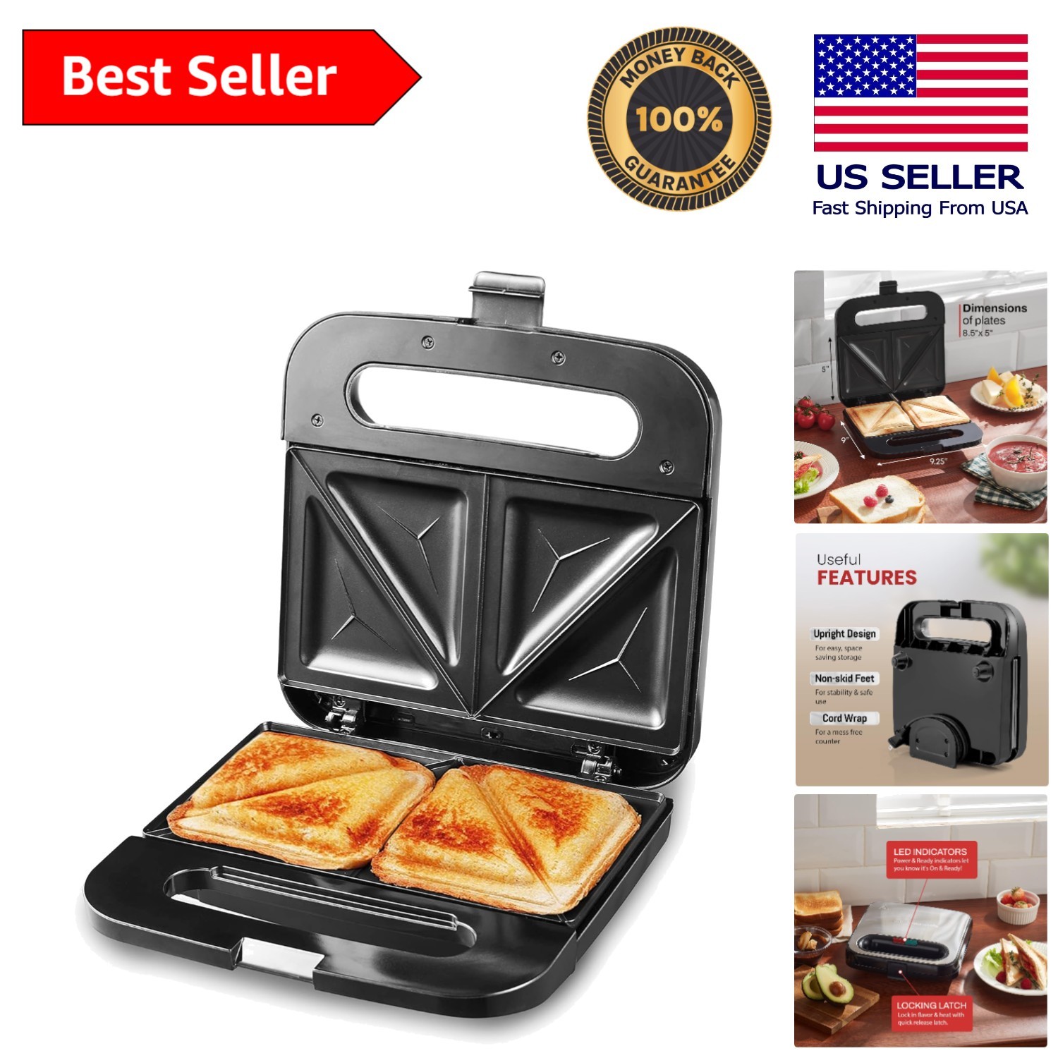 Compact 2-Slice Sandwich Maker with Indicator Lights – Grilled Cheese & More