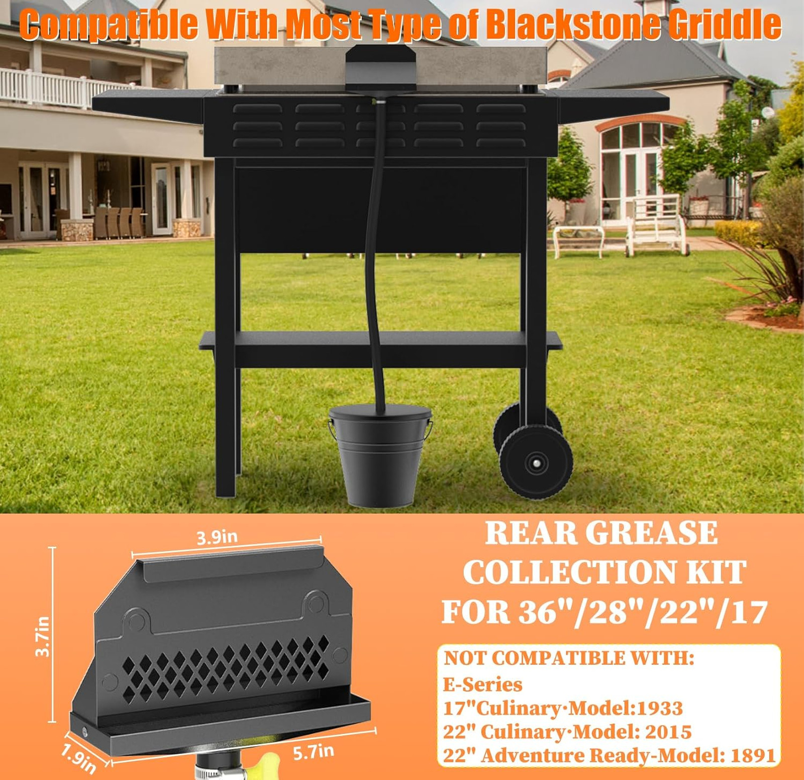 Rear Grease Drainage System for Blackstone Grills, 1.8L Drip Grease Bucket Kit