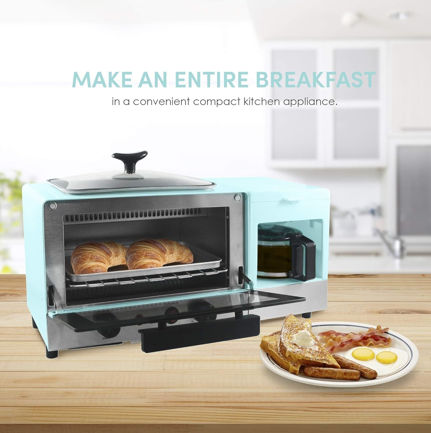 2 Slice 9.5″ Griddle Glass Lid 3-in-1 Breakfast Center Station 4-Cup Coffeemaker
