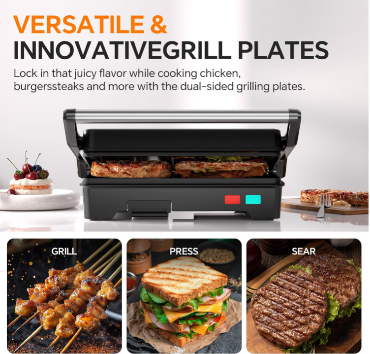 Grill Panini 1000W Sandwichera 3 en 1 Antiadherente Apertura 180° Acero