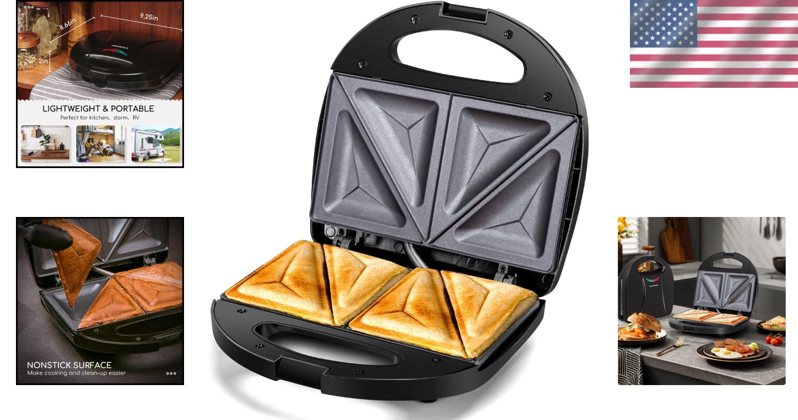 2 in 1 Nonstick Sandwich Maker & Panini Press for Quick Meals – Compact Black