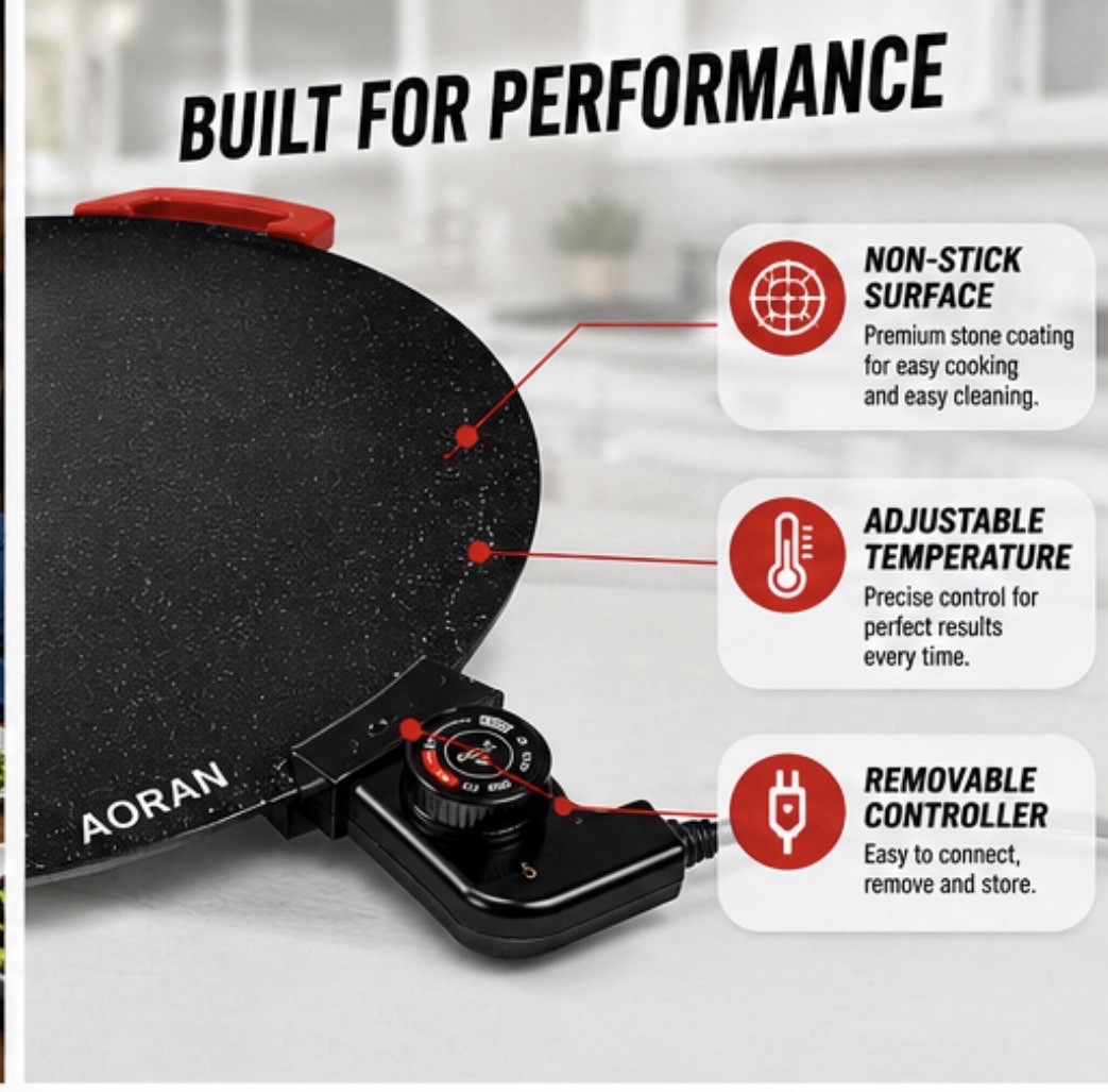 AORAN 16in Round Electric Comal Griddle 1000W Non-Stick Temp Control Black