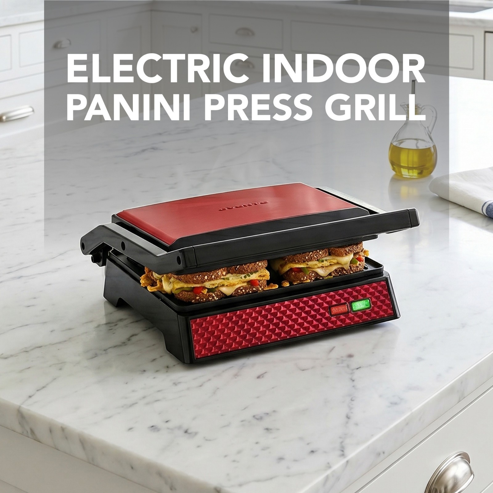 OVENTE Electric Indoor Panini Press Grill + Sandwich Maker, Red GP0620R | Opens