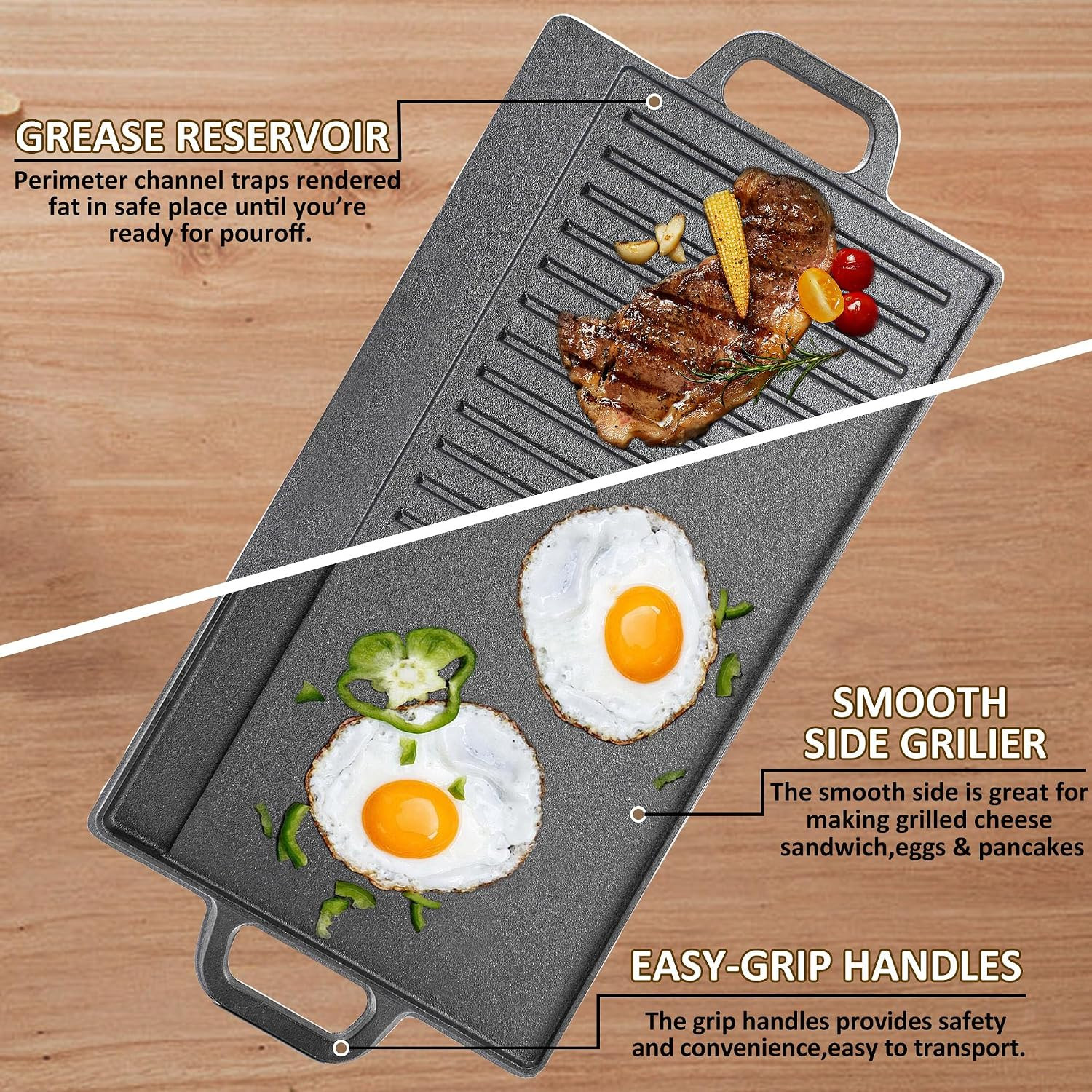 Cast Iron Griddle Skillet for Stove Top and Gas Grill – Flat Top Grill and Rever