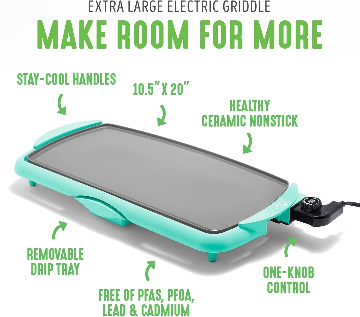 20in Electric Griddle Ceramic Nonstick PFAS-Free Temperature Control Turquoise