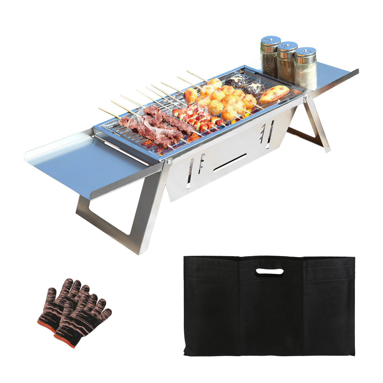 Portable Charcoal Grill with Adjustable Fire Grate Foldable for Camping BBQ