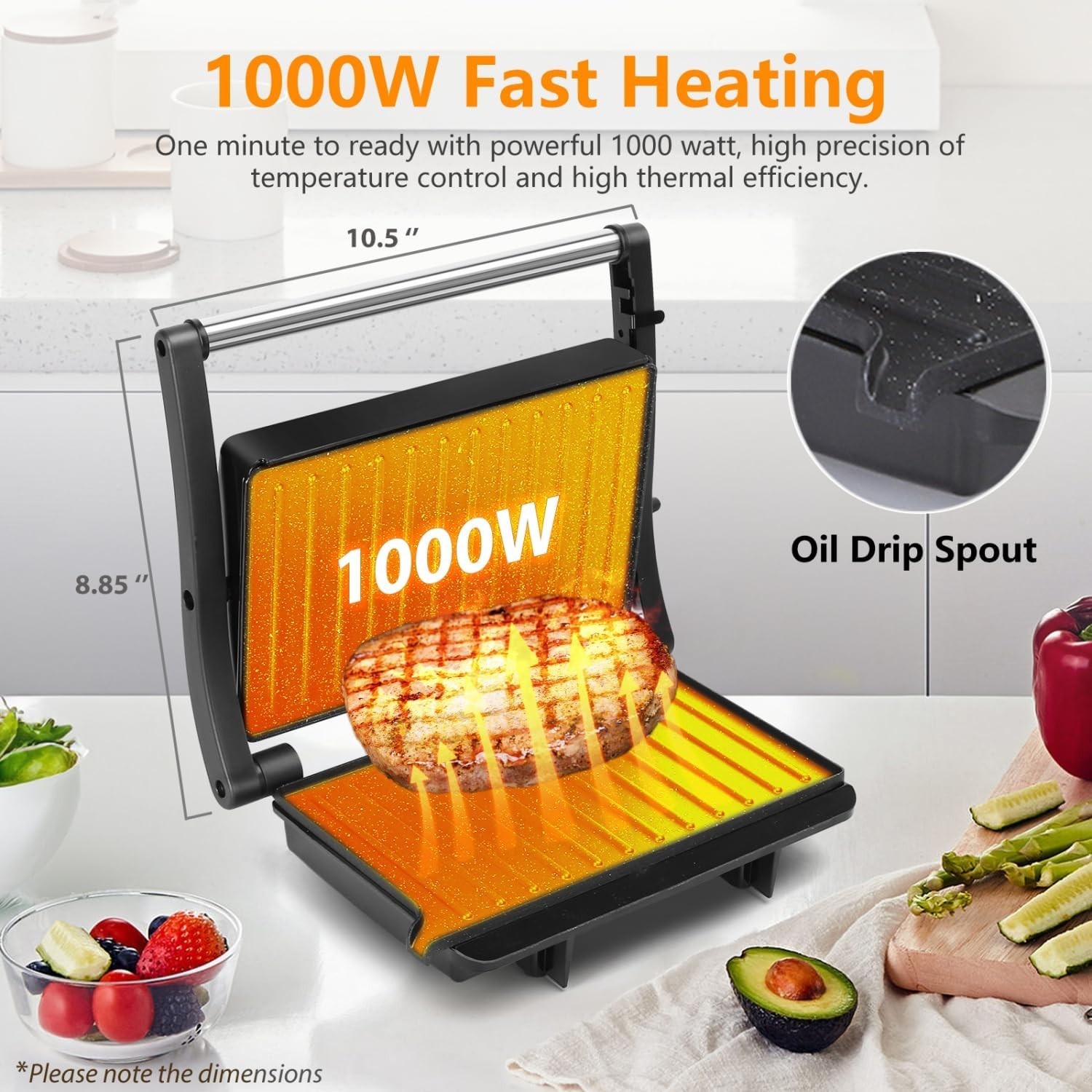 Safety-Focused Panini Press with Non-Stick Plates – Space-Saving Design