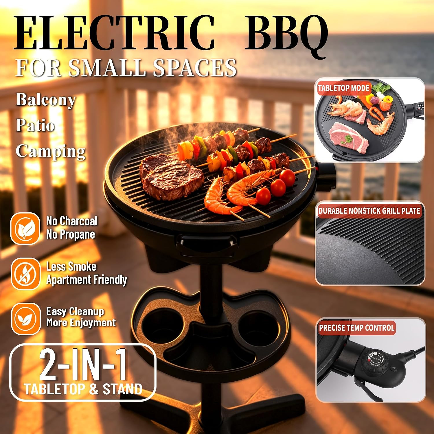 2-In-1 Outdoor Electric Grill & Portable BBQ with Removable Stand – Features Non