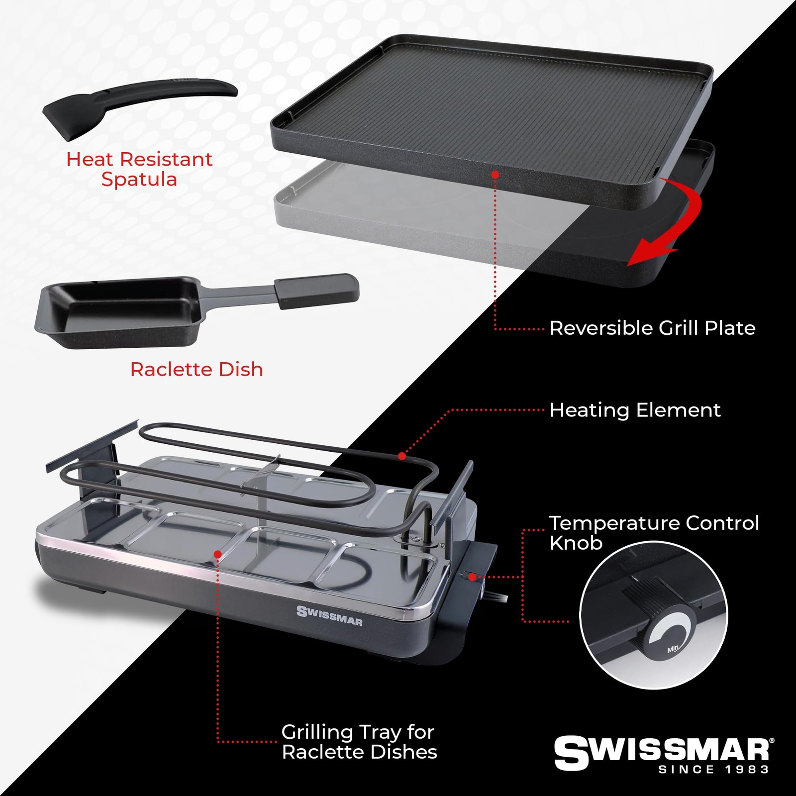 Swissmar Classic Raclette Grill Reversible Non Stick Plate 8 Dishes and Spatulas