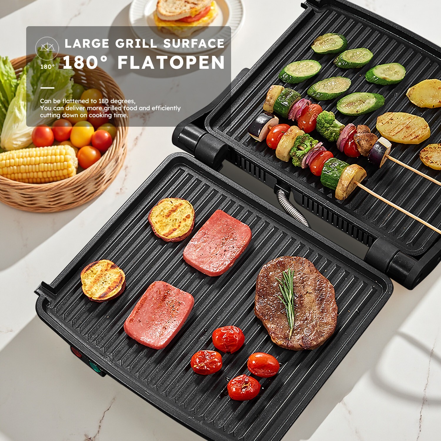 180° Adjustable Panini Press Grill, 4-Slice, Non-Stick 11″x9.8″, Stainless Steel