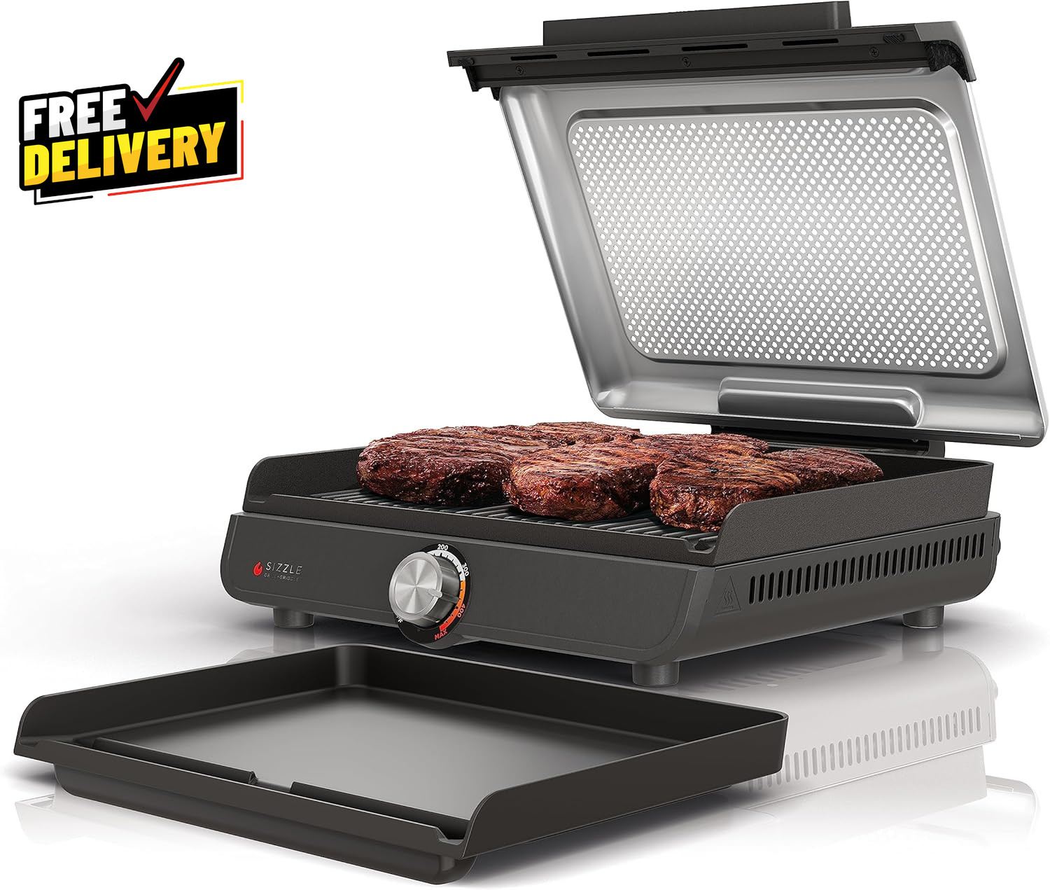 14″ Electric Griddle & Indoor Grill Nonstick Dishwasher Safe Silver GR101