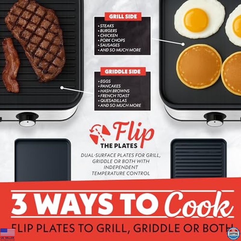3-in-1 Electric Indoor Grill/Griddle, Dual Cooking Zones, Nonstick Plates