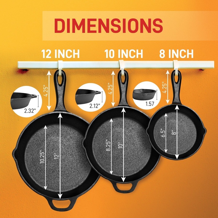 Nutrichef Nccips3p49 3-piece Pre-seasoned Cast Iron Skillet Pans