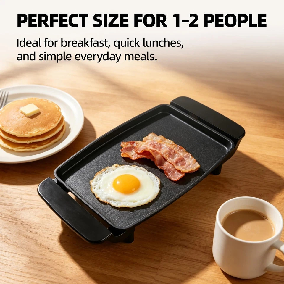 I-Keukenn Small Electric Griddle, 10 Inch Mini Ceramic 12.8*7*2.1 lnch, Black
