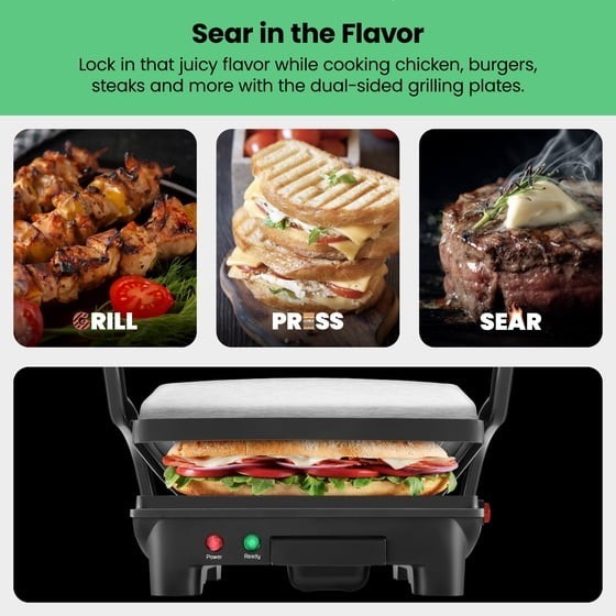Chefman 3 in 1 Panini Press Grill 4 Slice Nonstick Stainless Steel 1400W