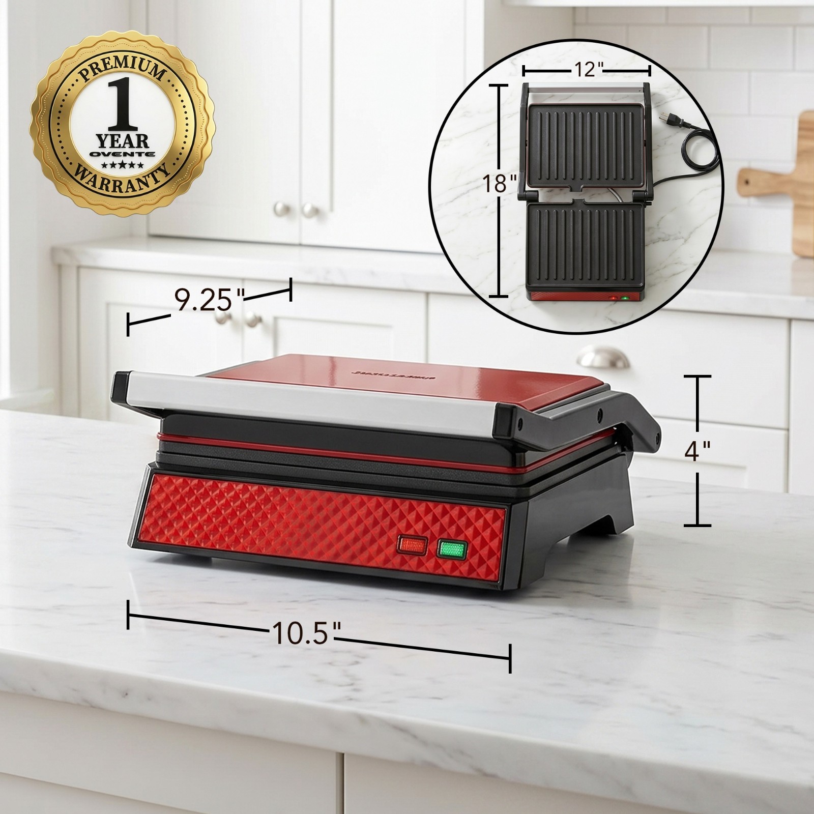 OVENTE Electric Indoor Panini Press Grill + Sandwich Maker, Red GP0620R | Opens