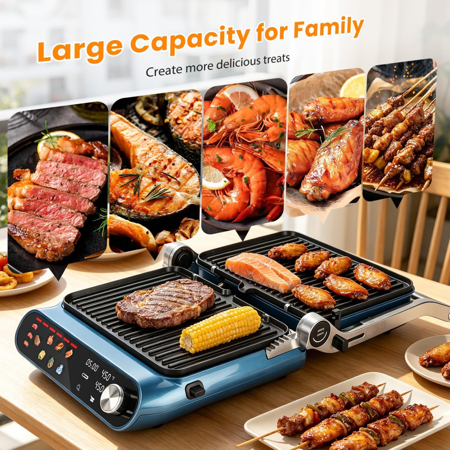 Versatile 7-in-1 Panini Press & Grill with Touch Control & Non-Stick Plates