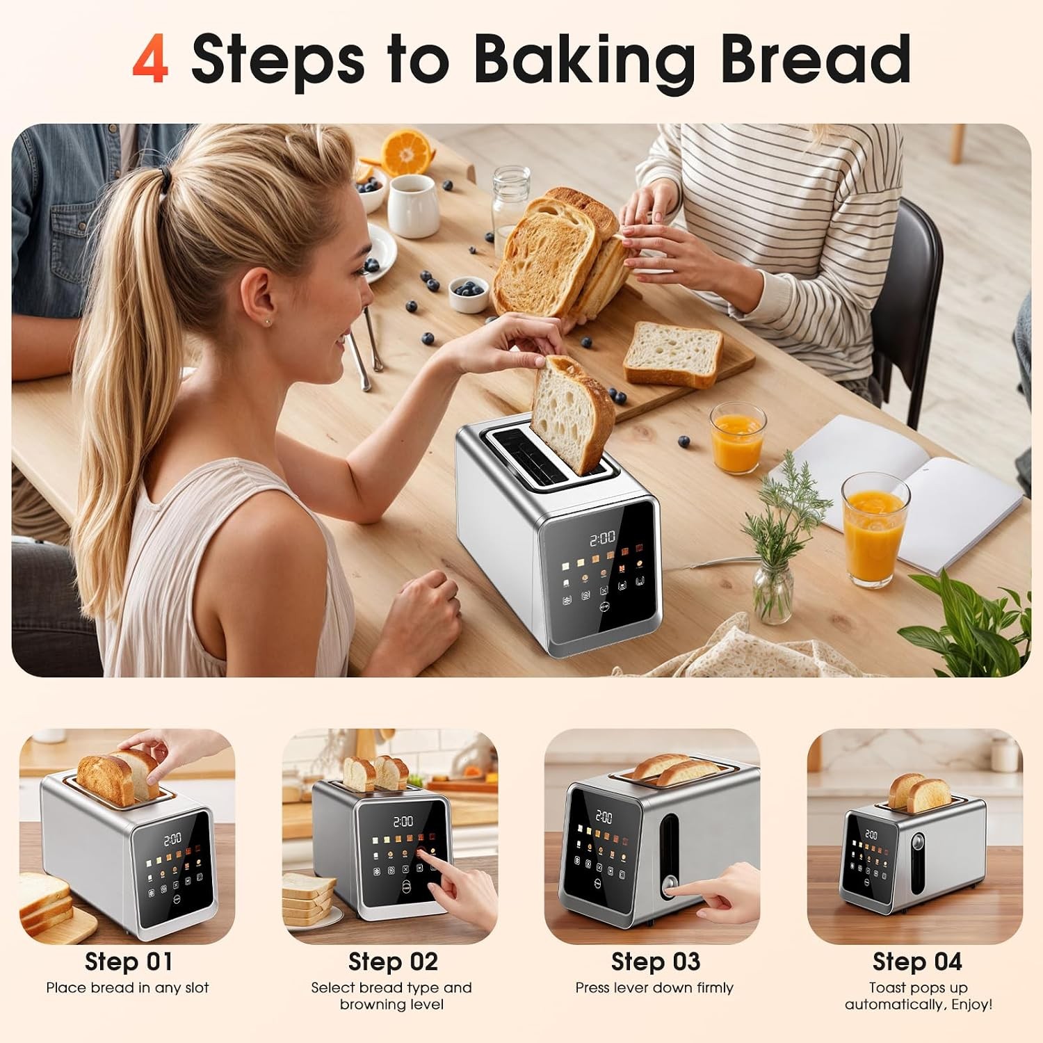 Touch Screen Toaster 2 Slice, Stainless Steel 2 Slots 2 Silver-Black