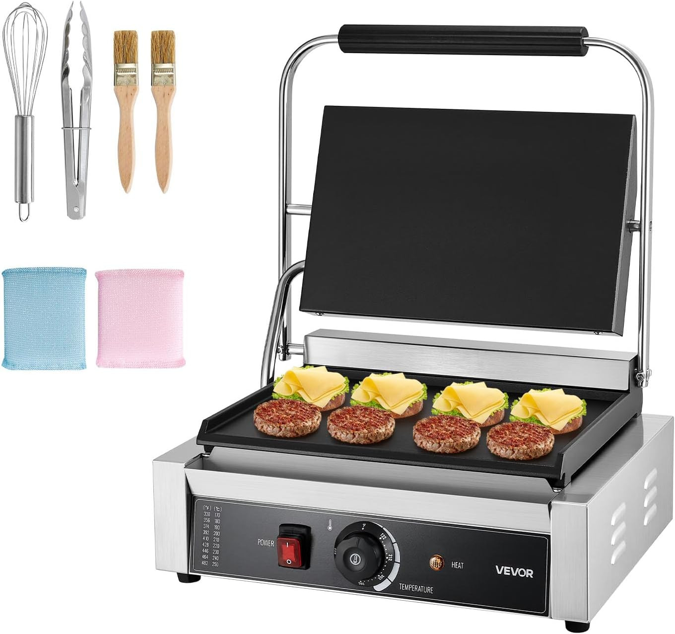 Commercial Panini Grill, 1800W Electric Sandwich Panini Maker, Stainless Steel S