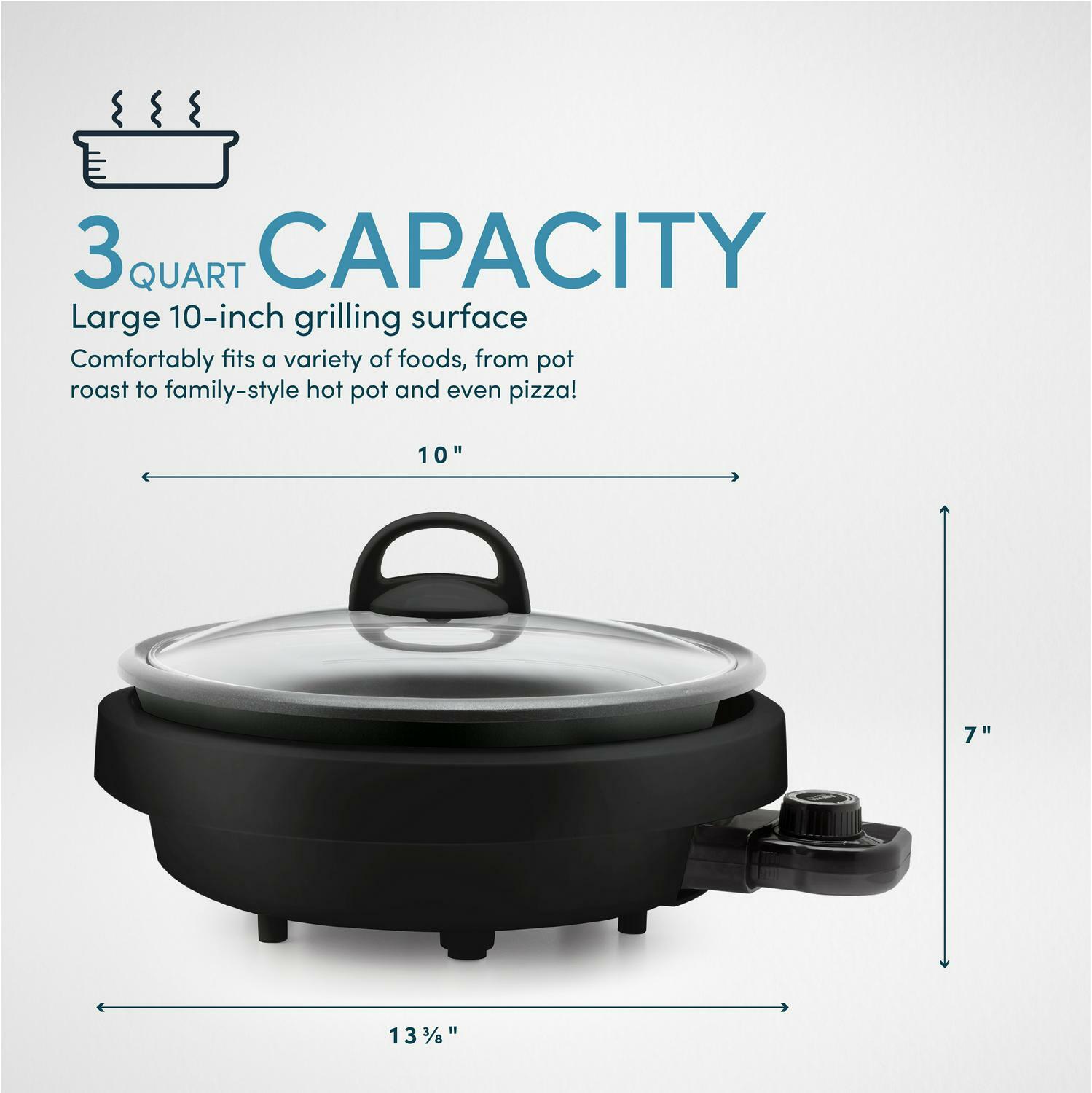 3 Quart Black Indoor Grill 10″ Nonstick Cooking Pot Slow Cooker Food Steamer