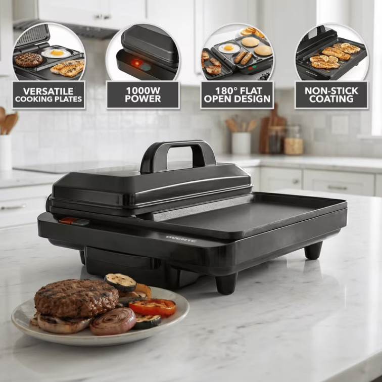 OVENTE Sandwich Maker and Hamburger Grill, 1000W, Black HMG111B