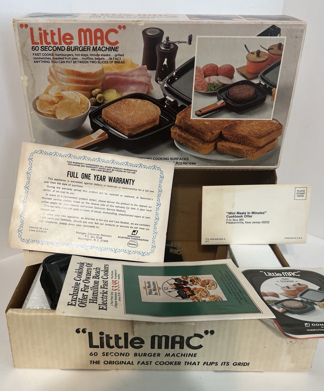 Vintage NOS Hamilton Beach “LITTLE MAC” 60 Second Burger Machine Model 2108 NEW
