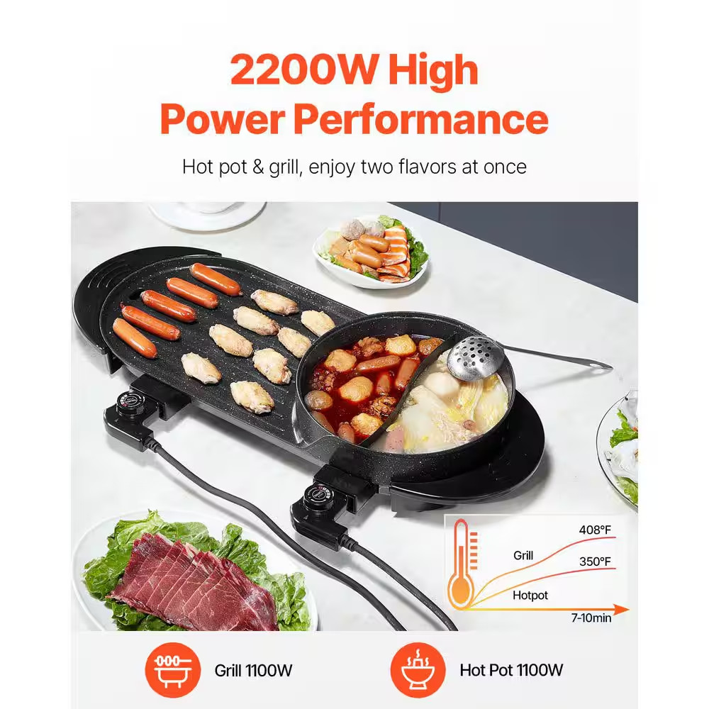 2200W 2-In-1 Electric Hot Pot and Grill 153 Sq. In.Smokeless Korean BBQ Dual Tem
