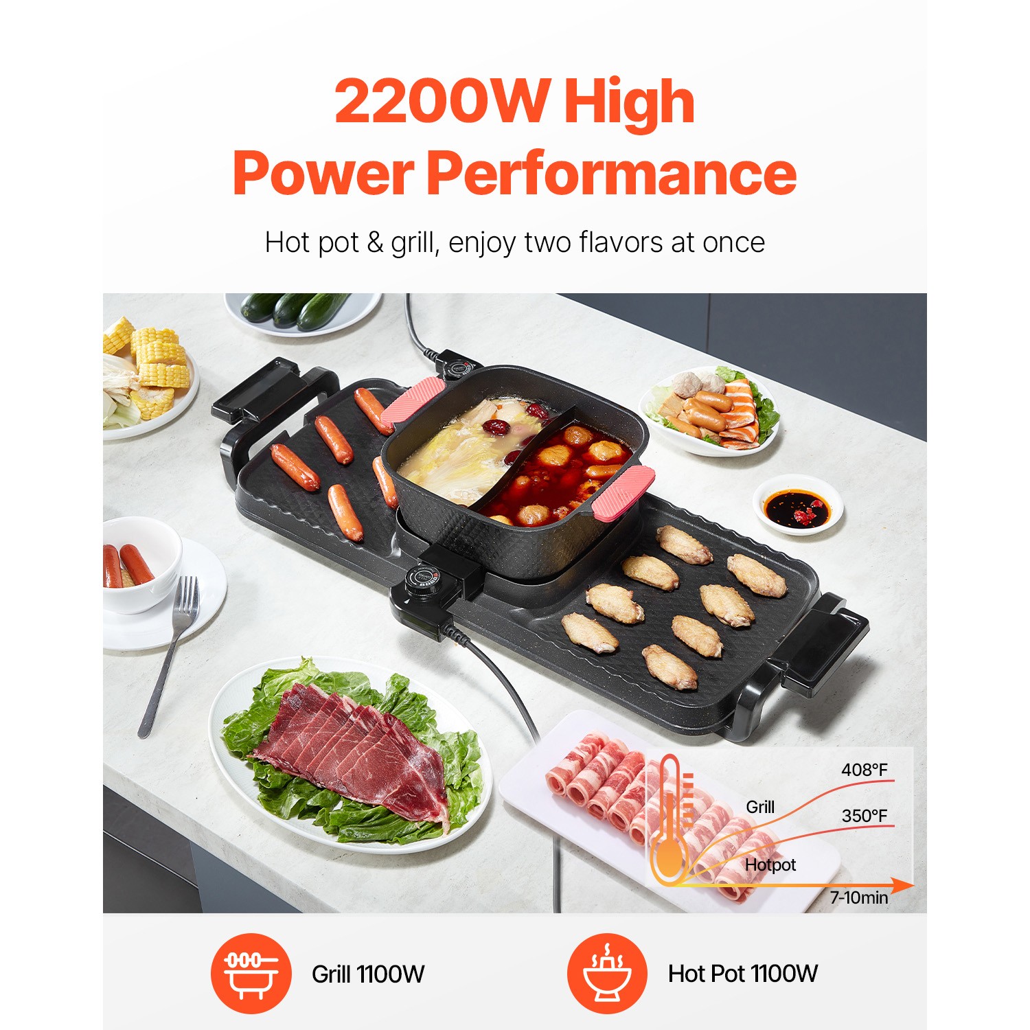 Hot Pot with Grill 2300W 2-in-1 Electric Smokeless BBQ Pan with Removable Pot
