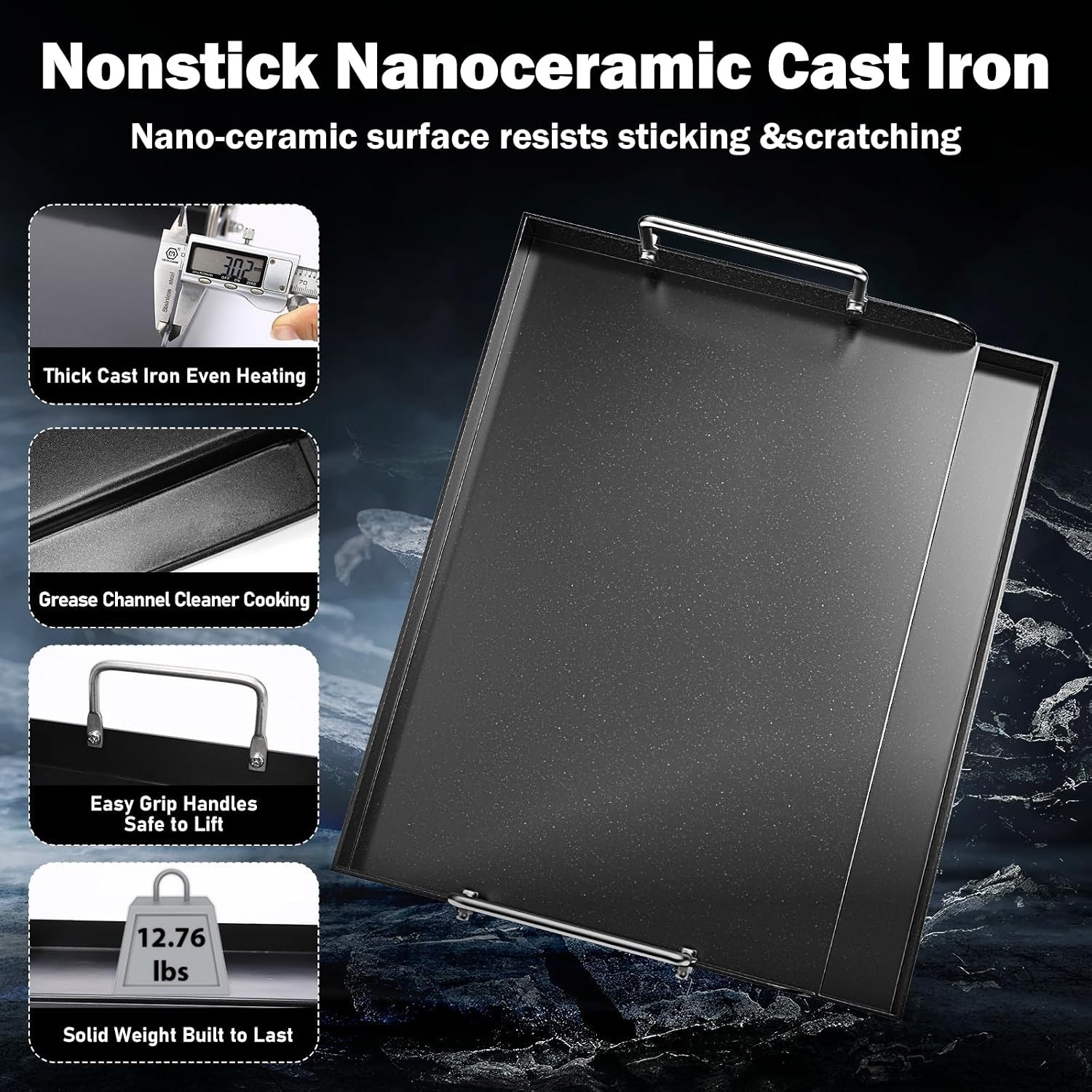 17 x 13Inch Cast Iron NanoCeramic Griddle for Gas Grills | Pre-seasoned flat-top