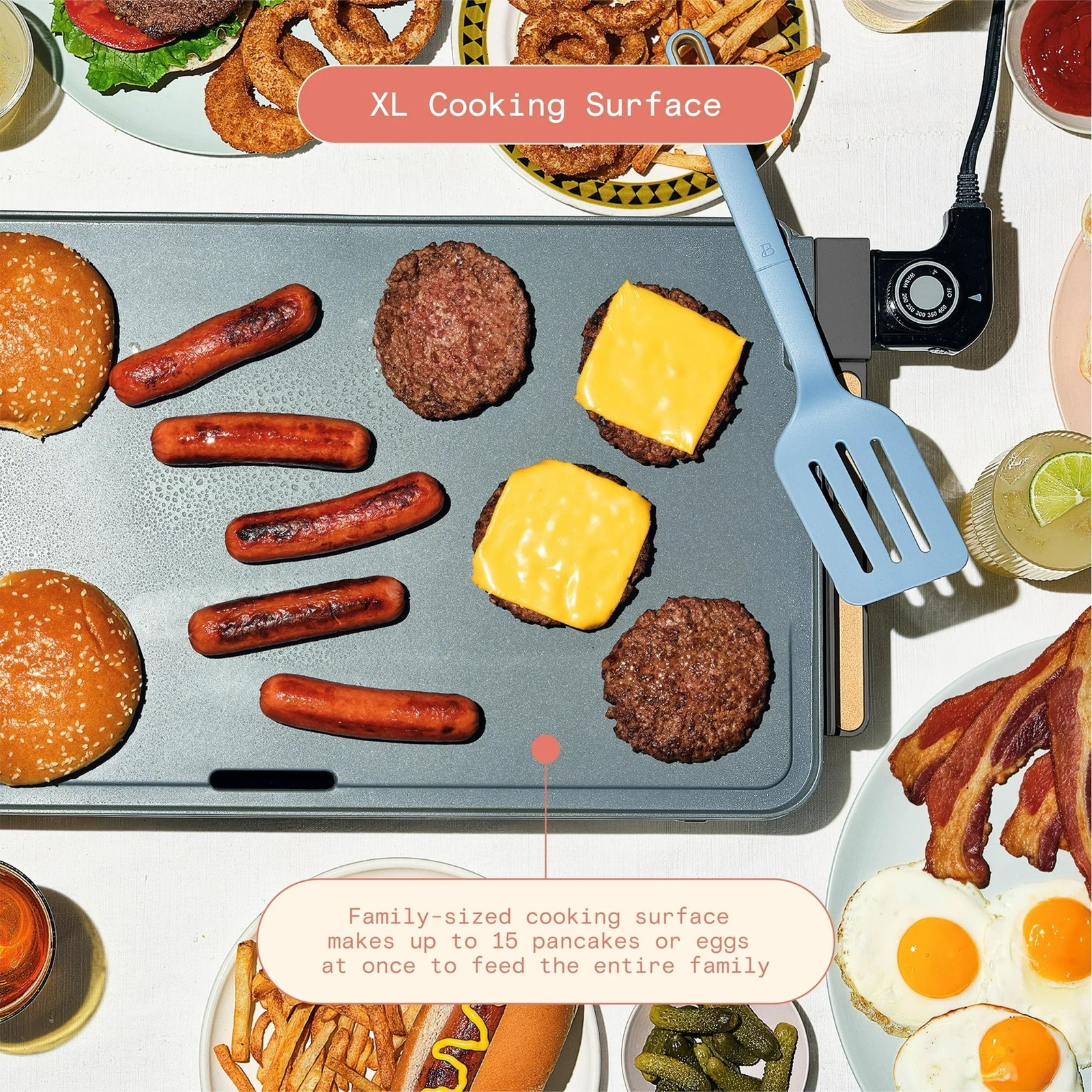 XL Electric Griddle 12″x22″ Non-Stick Oyster Grey by Drew Barrymore