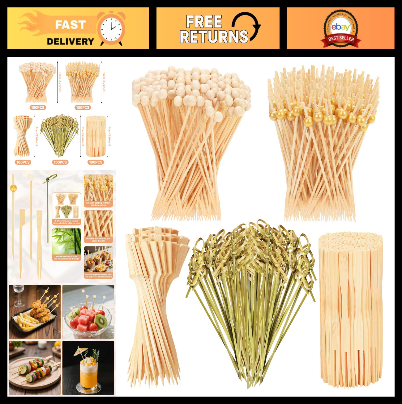 500PCS Eco-Friendly Bamboo Skewers | 4.7″ Cocktail Picks for Appetizers & Charcu