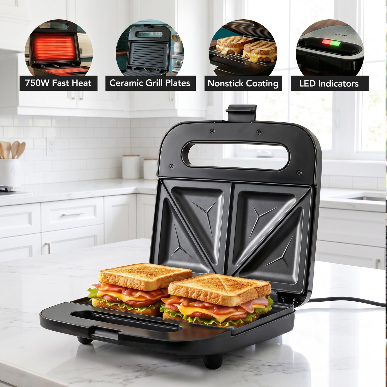Electric Panini Press Grill Nonstick Plates Thermostat Control Compact Black New