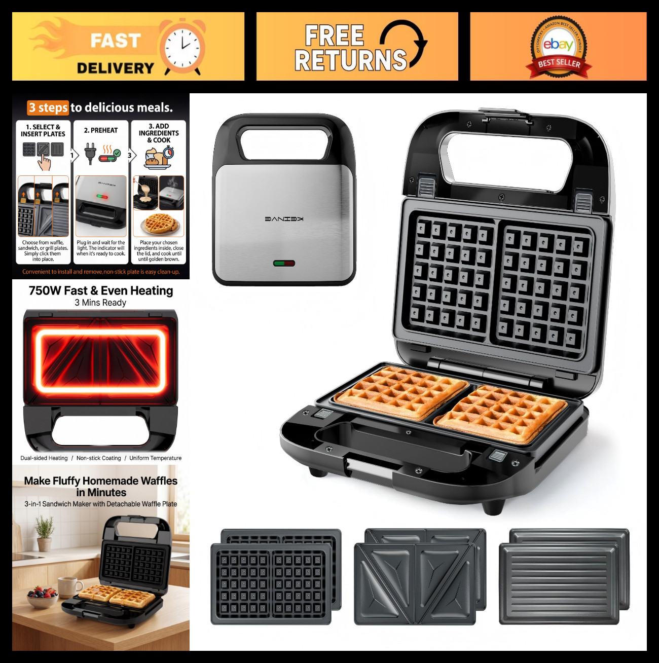 3-in-1 Sandwich Maker, Waffle Maker & Panini Press Grill – 800W Electric Breakfa